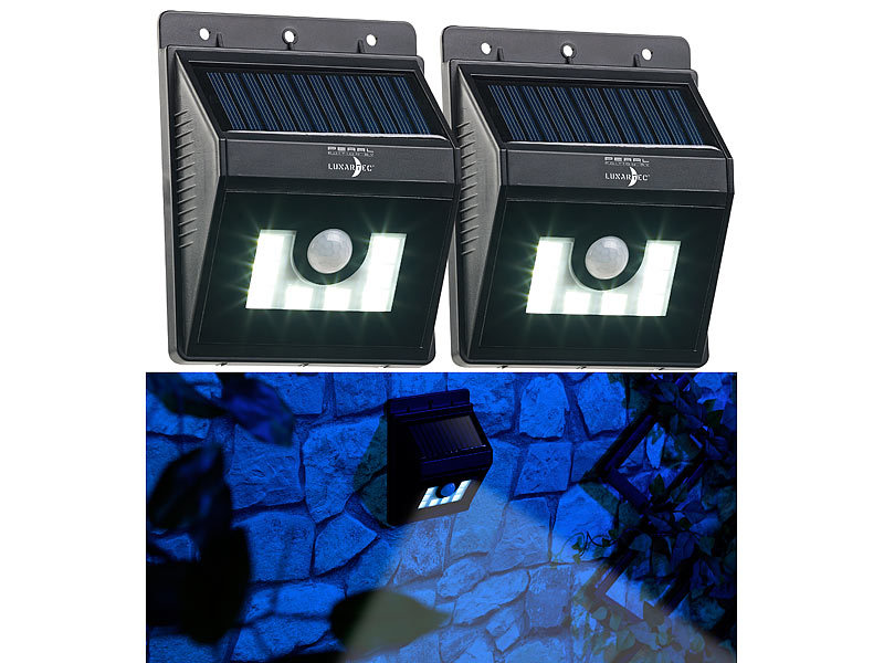 Lunartec 2er-Set Solar-LED-Wandleuchten Dimm-Funktion Bewegungsmelder, mit
