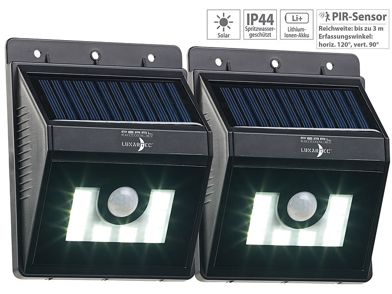 Lunartec 2er-Set Solar-LED-Wandleuchten mit Dimm-Funktion Bewegungsmelder