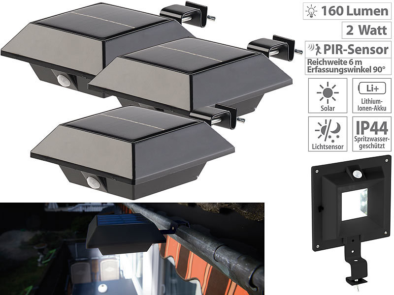 Lunartec Solar-LED-Dachrinnenleuchte, 160 lm, 2 W, PIR-Sensor, schwarz, 3er- Set