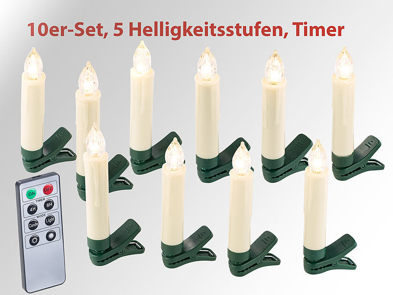 Lunartec 20er-Set LED-Weihnachtsbaum-Kerzen mit IR-Fernbedienung, weiß Timer