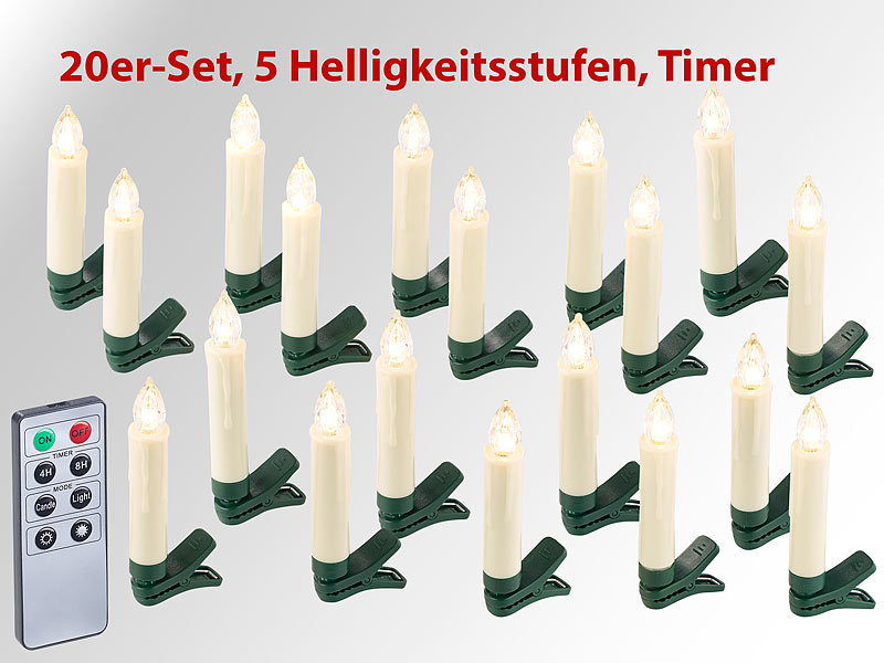 Lunartec 20er-Set LED-Weihnachtsbaum-Kerzen mit weiß Timer, IR-Fernbedienung