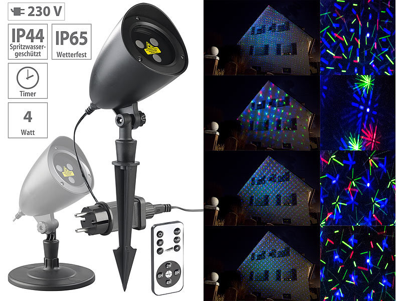 Lunartec RGB-Laserprojektor mit IP65/IP44 Sternen-Lichteffekt & Fernbedienung