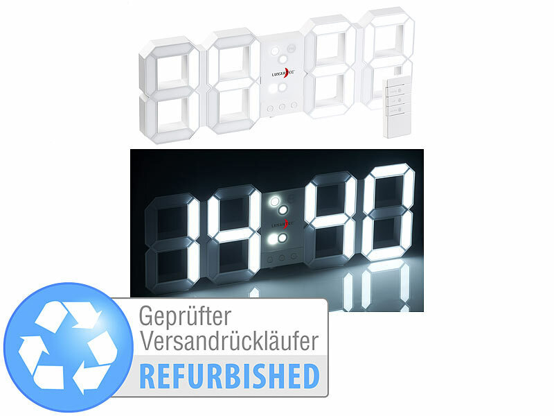 Lunartec Tisch-Uhr: LED-Funk-Tisch- und Wanduhr mit Datum & Temperatur  (Versandrückläufer) (Uhr mit Leuchtanzeige)