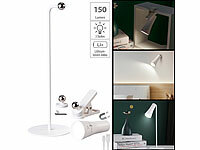 Lunartec 4in1-Akku-Tisch-, Wand-, Klemm und Taschenlampe, 3 Leuchtmodi, weiß