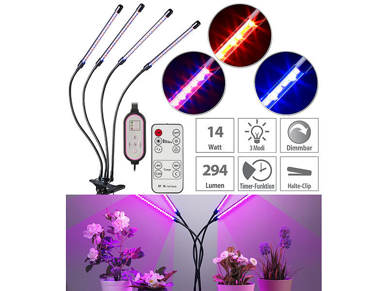 Lunartec 4-flammige LED-Pflanzenlampe & Dreibein-Stativ